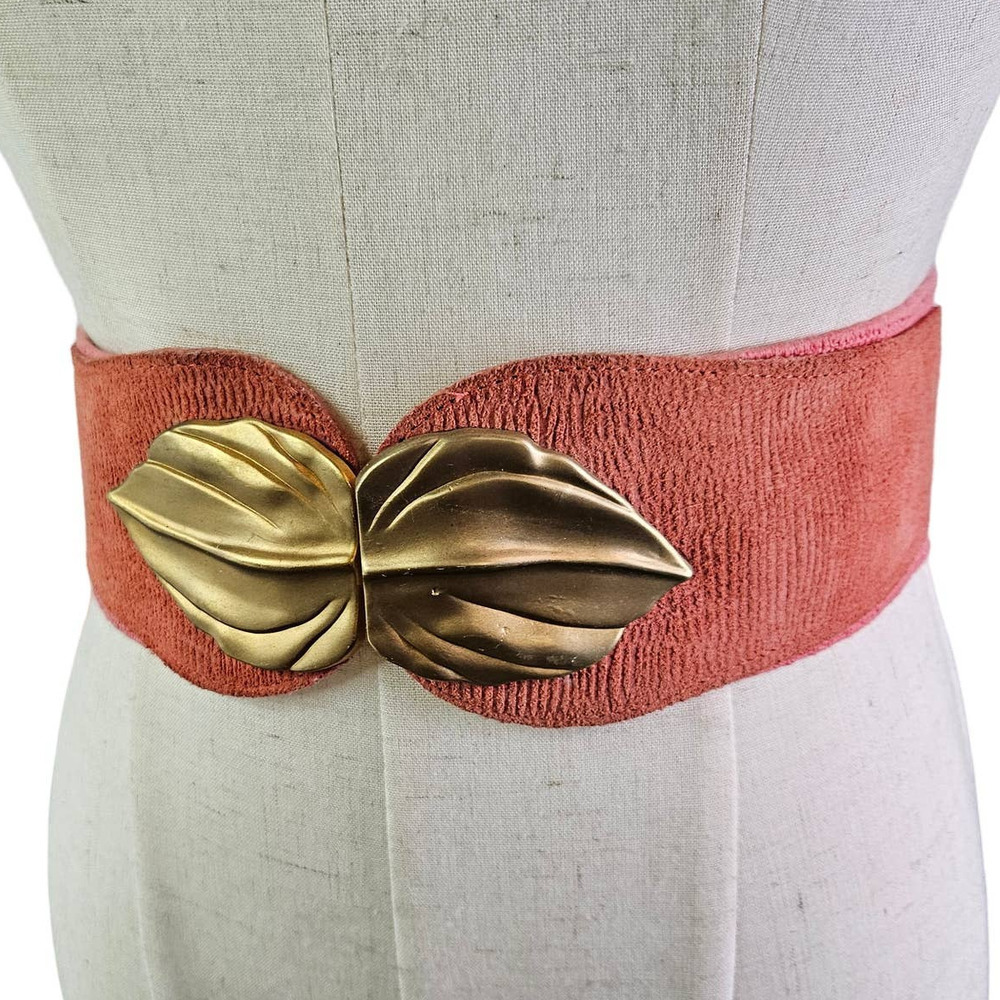NEW Vintage 80s Gold‎ Leaf Elastic Belt M Salmon Pink Suede Leather NWT